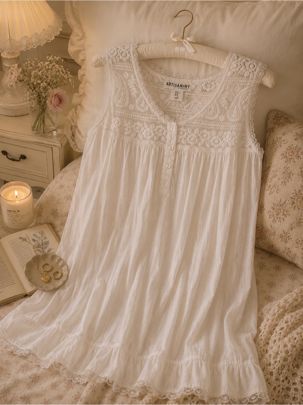 Artisan Ny White Lace Yoke Sleeveless Nightdress Medium
